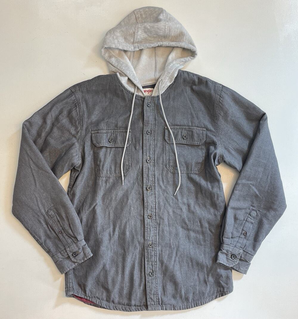 WRANGLER Men Medium Dark Wash Gray Flannel Lined Red Hooded Denim Shirt